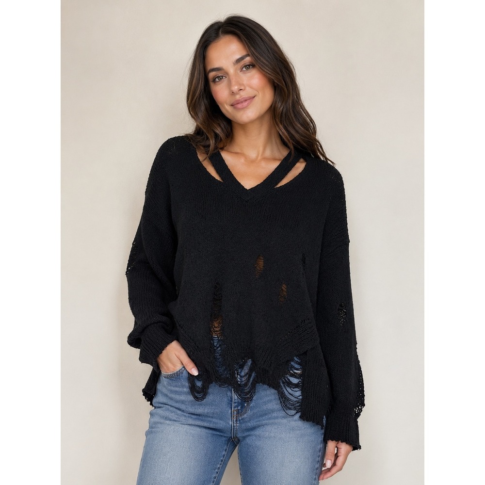 Fate by LFD Womens Black Distressed Shredded Double V-Neck Knit Sweater Size M